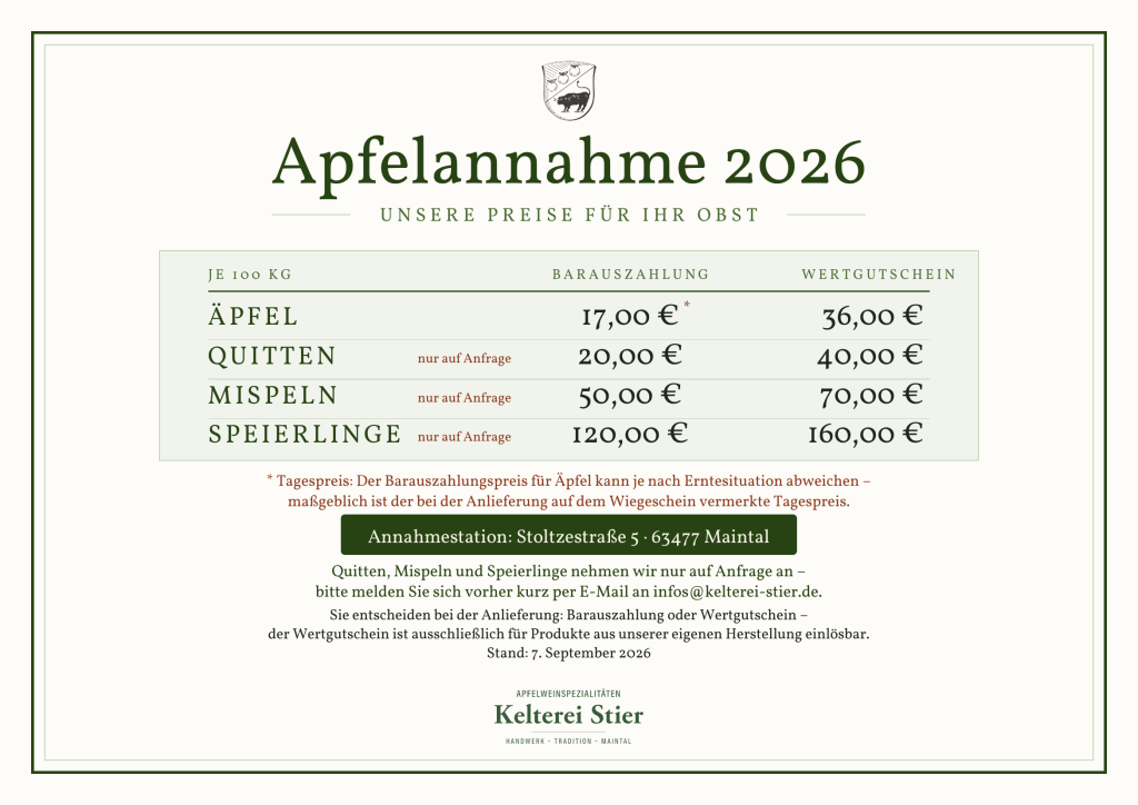 Preisliste der Kelterei Stier für die Apfelannahme 2026: Äpfel 17 Euro bar oder 36 Euro Wertgutschein je 100 kg; Quitten 20/40 Euro, Mispeln 50/70 Euro, Speierlinge 120/160 Euro – nur auf Anfrage